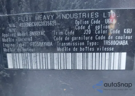 2016 Subaru Legacy 2.5I Premium из США, поврежденный, VIN 4S3BNBC66G3035625